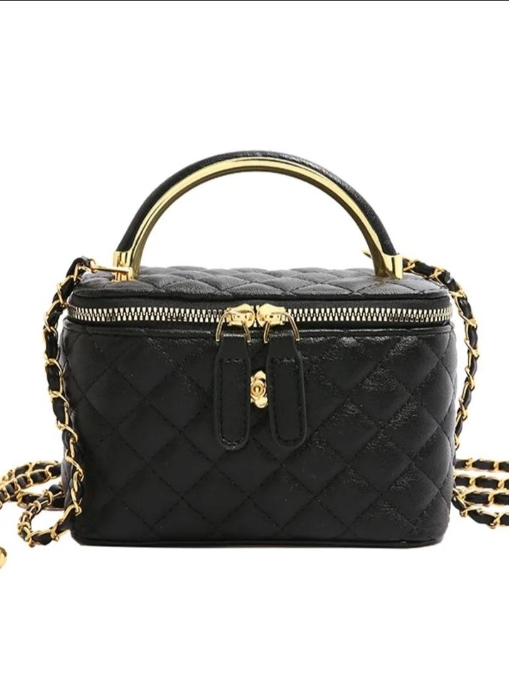 Quilted Black Chain-Handle Crossbody Vanity Bag